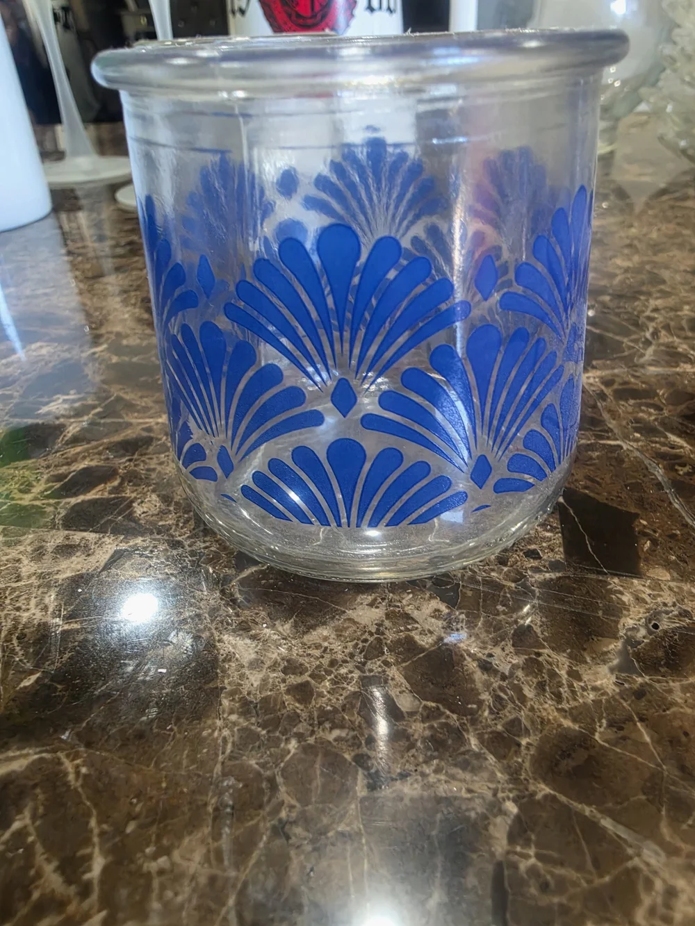 Source Unknown Clear Glass Votive Set with Blue Fan Pattern
